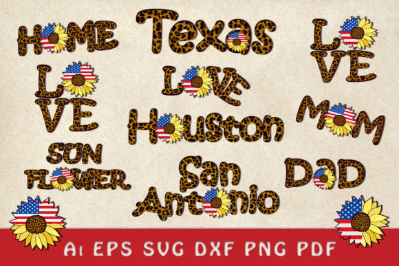 Leopard Words with USA Flag in Sunflower Graphics for Crafts